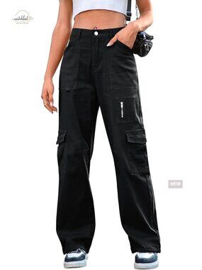 High Waist Wide Leg Cargo Pants with 7 Pockets Stretchy Drawstring Baggy